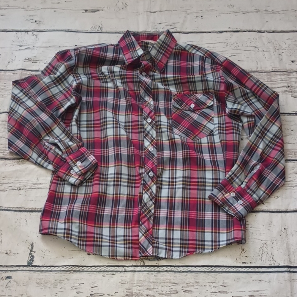 Wedgefield Men's Vintage Red Yellow Blue Plaid Button Up Cotton Blend Shirt 15.5